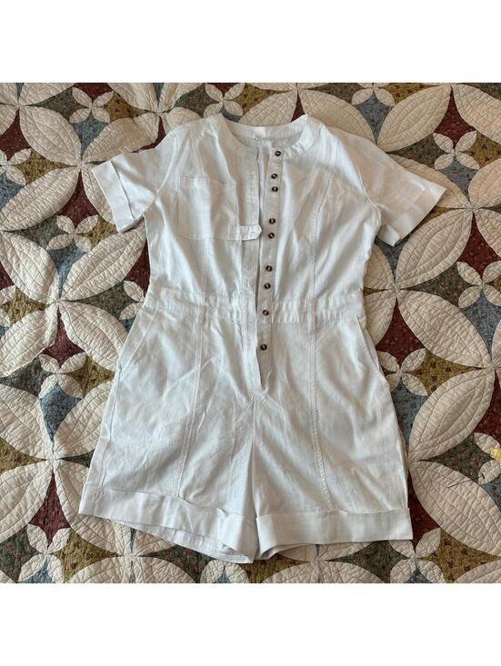 A Loves A Pants - A Loves A White Utility Linen Blend Button Romper Linen cottagecore summer Sz S